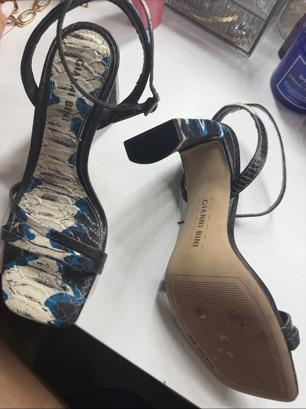Gianni Bini Black Heeled Sandals with Blue Patterned Insole